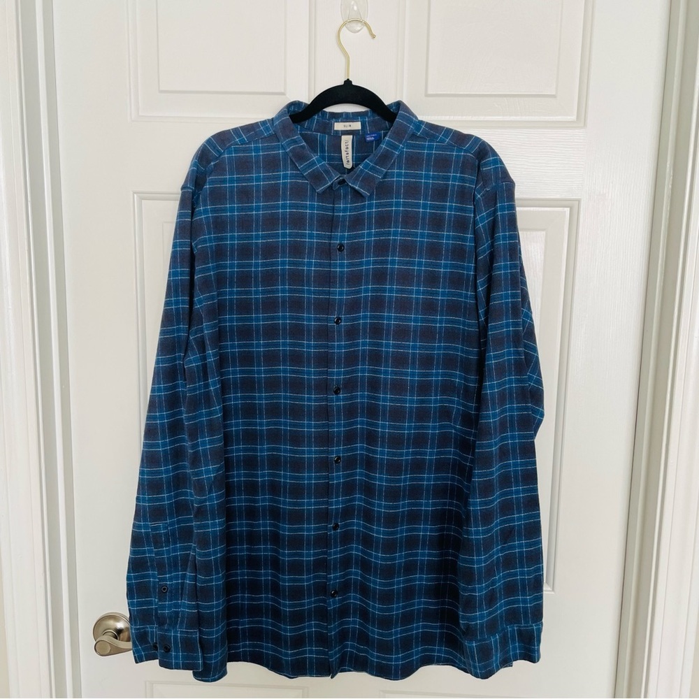 Artefact Slim Navy Blue Black Plaid Button Front‎ 2XL Tall Shirt Granola Outdoor